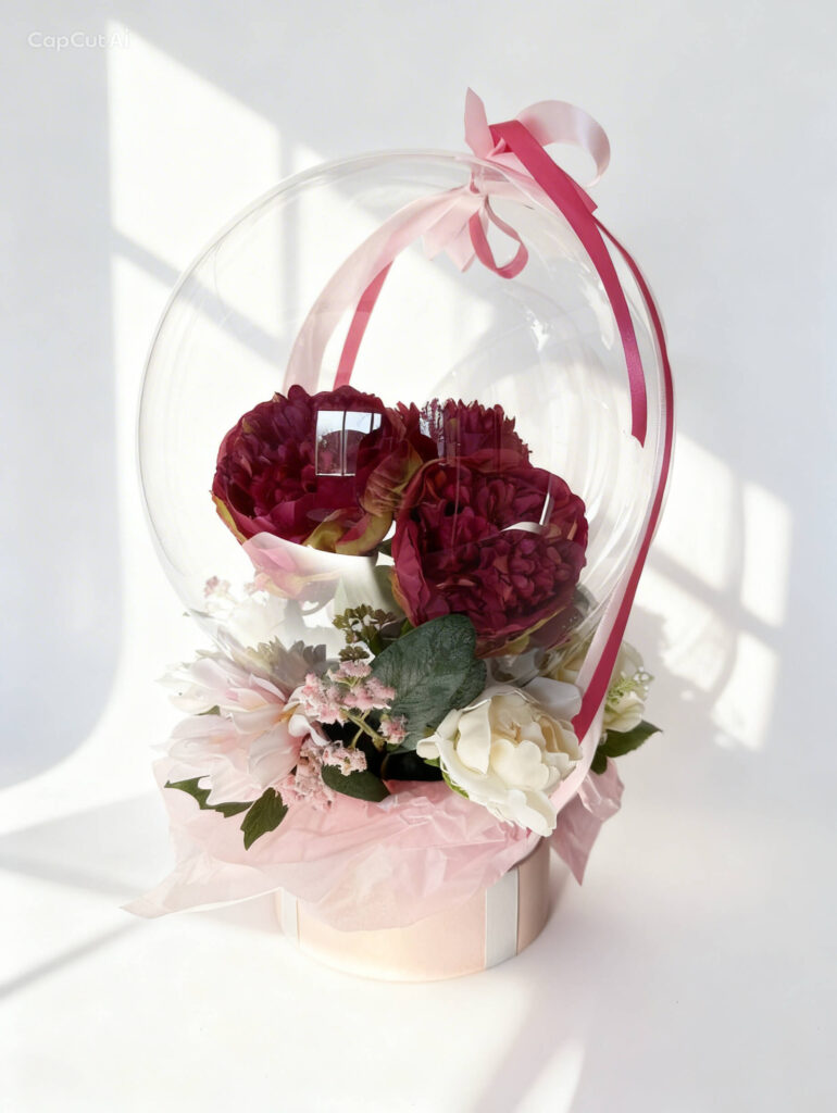 Bubble Bouquet mit dunkelrosa Pfingstrosen